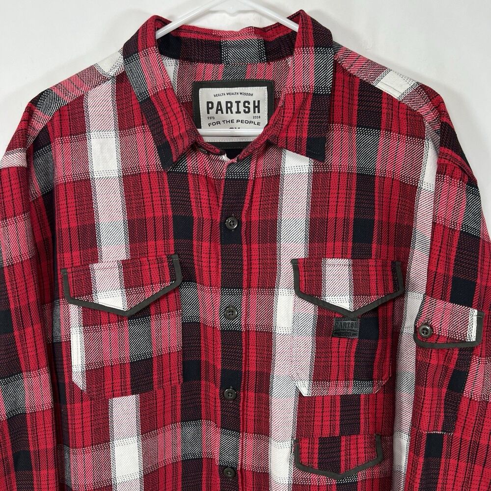 Parish Nation Button Up Flannel Shirt Men 3XL Red Black Plaid Heavyweight Cotton - Picture 2 of 13